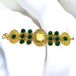 Rare Vtg Bonetto Women Green Cabachon Gold Tone Watch